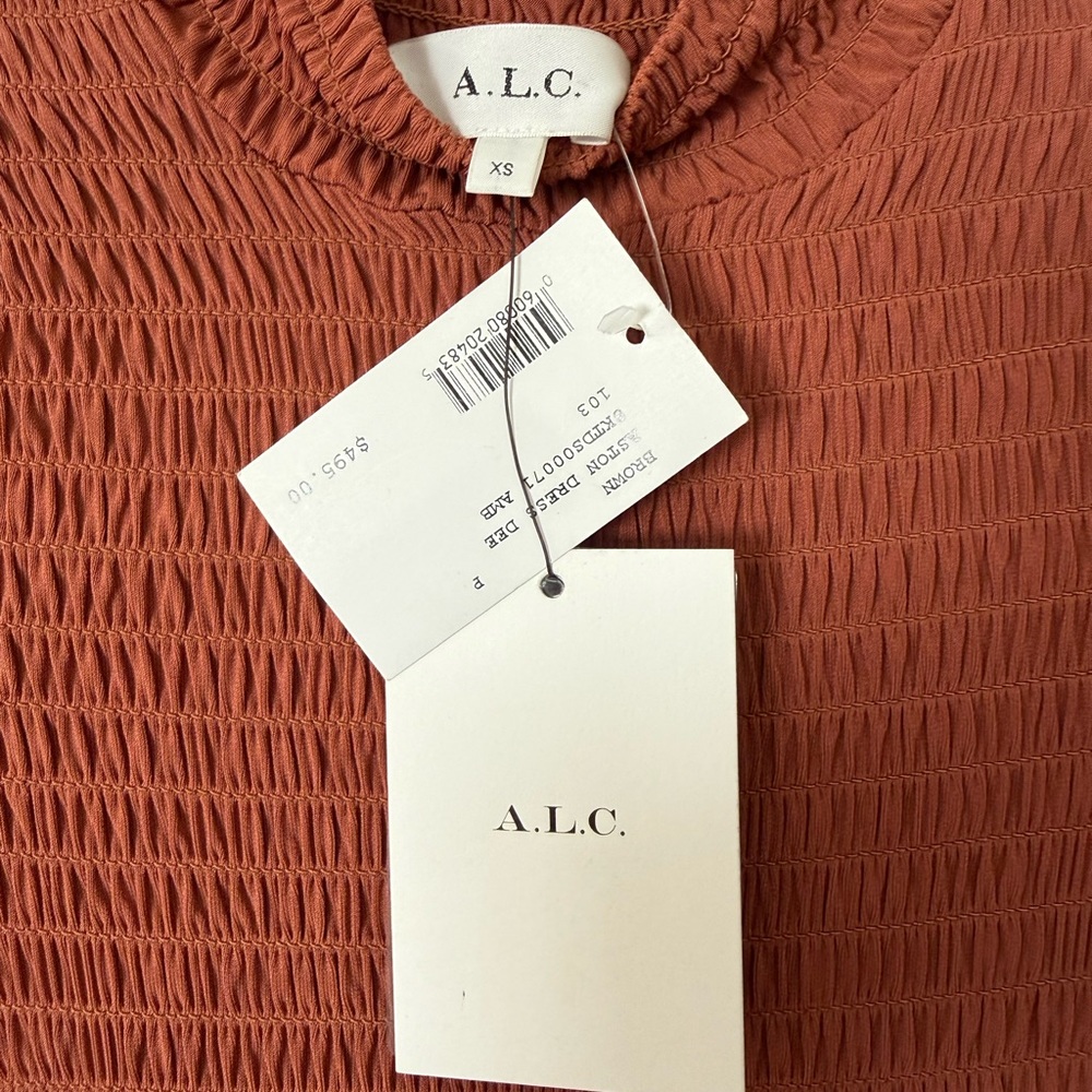 NEW w/tags: A.L.C. Aston Brown Rust Smocked Mini Dress with Ruffle Hem - Picture 5 of 5